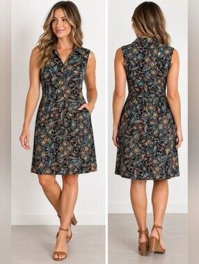 Athleta Size 14 Paisley Sleeveless Shirt Dress Stretch Pockets Black Floral